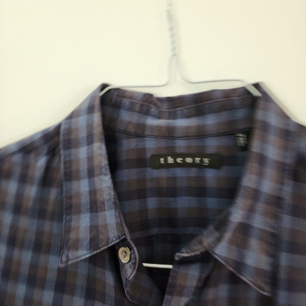 THEORY Mens Long Sleeve Blue Check Shirt Button Down Shirt Sz L